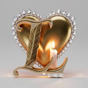 Stunning 3D 'L' wrapped in a golden heart with candlelit hues, blending romance and elegance