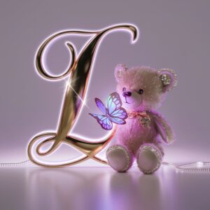 Elegant gold "L" logo with a glowing teddy bear and butterfly, perfect for fashion and branding.