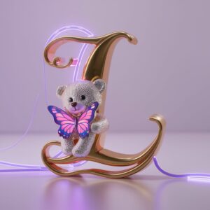 A luxurious 3D "L" logo in gold, featuring a teddy bear with a vibrant butterfly and soft lavender glow