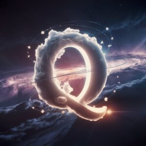 Letter "Q" made of swirling space clouds and stars, glowing softly in a majestic universe for a celestial name DP.