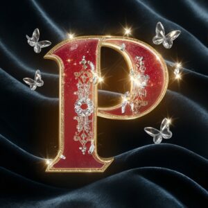 Rich ruby and gold blend beautifully in this royal 3D logo for 'P,' featuring crystal-like accents."