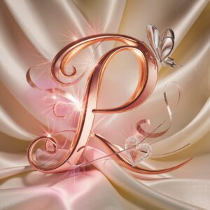 Delicate rose-gold 'P,' with luminous ribbons and butterflies, set against a satin cream backdrop."