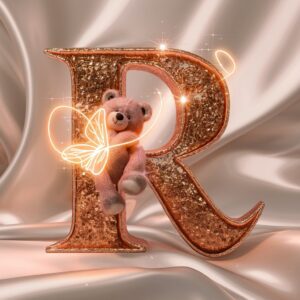 Rich gold 'R' with teddy bear and neon-pink butterfly, perfect for a luxurious name DP."