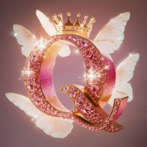 Crystal "Q" with glowing accents, small crown, and butterfly wings floating behind, in pink and gold.