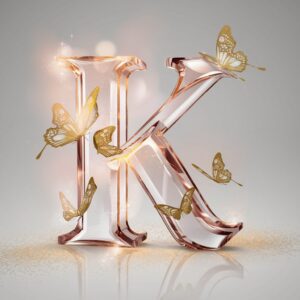 Sophisticated K name DP in shimmering crystal, wrapped in gold lace and butterfly motifs."