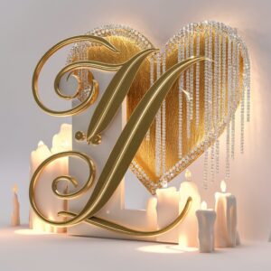 Golden 'L' embraced by a heart with sparkling diamonds, illuminated by soft romantic light