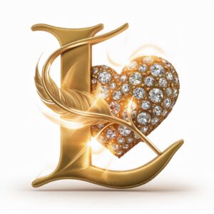 Graceful gold 'L' in a diamond-encrusted heart, glowing with warmth on a solid white background