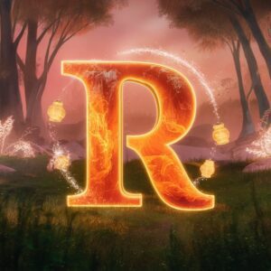 Glowing "R" name DP surrounded by floating lanterns and twinkling sparks in warm lighting.