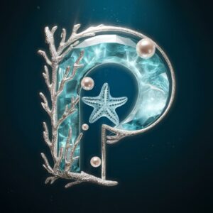 Beautiful aquamarine gemstones and silver coral elements combine in this serene oceanic 'P' logo."