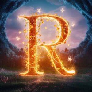 A glowing golden "R" name DP wrapped in enchanted vines with stars and fireflies in a magical forest.