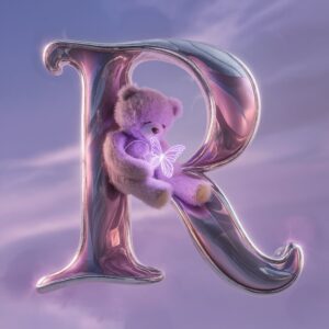 Charming name DP featuring pastel pink 'R,' teddy bear, and glowing neon-purple butterfly."