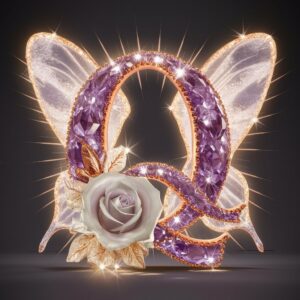 Sparkling "Q" in soft hues of lavender, featuring a white rose and wings for a dreamy design.