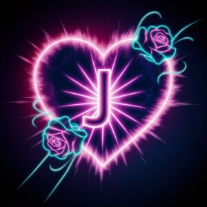 Electric neon heart with a vibrant purple 'J,' encircled by neon floral elements on a dark backdrop."