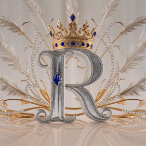 Shimmering silver letter 'R' adorned with a golden crown, surrounded by quill motifs on a white backdrop."