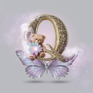 Soft lavender and gold "Q" with a whimsical teddy bear and glowing butterfly on a gray backdrop.