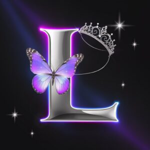 Vibrant 'L' with neon edges and a butterfly, ideal for a modern and glowing name dp."