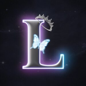 Elegant neon name dp with glowing 'L,' butterfly, and stars in a sleek, dark background."