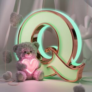 Stylish rose gold and mint "Q" featuring a teddy bear and neon-pink heart on a white background.