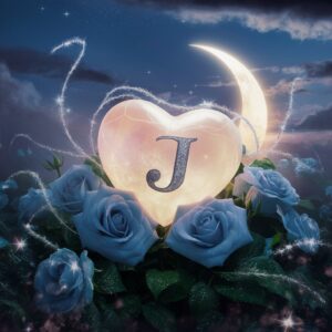 Fantasy-inspired translucent heart with a silver 'J,' illuminated by the moon, surrounded by glowing blue roses