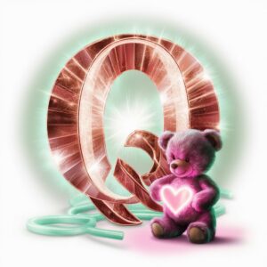 Vibrant rose gold "Q" with a mint-green glow, teddy bear holding a neon-pink heart.