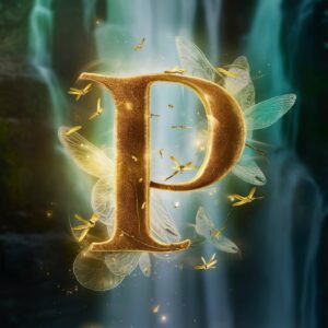 Golden P name DP with shimmering fireflies, soft turquoise glow, and waterfall magic in the background.