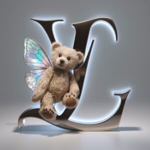 Stylish "L" logo in silver with a glowing butterfly and a cute teddy bear, perfect for children's branding.