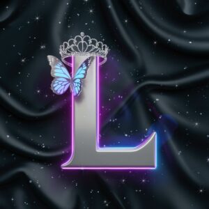 Name dp featuring a silver 'L' with neon purple glows, stars, and a luminous crown