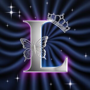 Stylish neon name dp with a silver 'L' glowing in purple and blue, with a butterfly and crown.