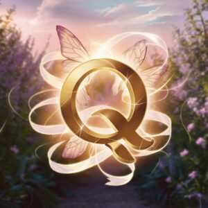 Golden Q name DP surrounded by swirling light, set against a dreamy garden sunrise."