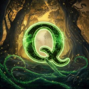 Q name DP glowing in vibrant emerald, encircled by magical vines in an enchanted grove."