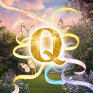 "Q name DP in radiant gold, glowing with magical ribbons in a peaceful garden at dawn."