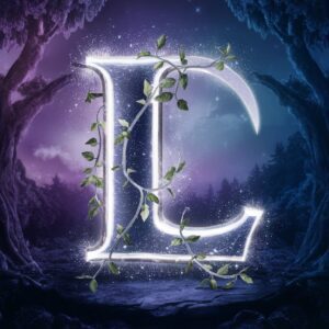 Mystical silver L Name DP with a glittering aura and soft purple and blue lighting, perfect for magic lovers."