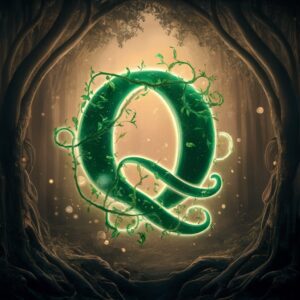 Glowing green Q name DP with delicate vines, set in a softly lit, ancient forest."