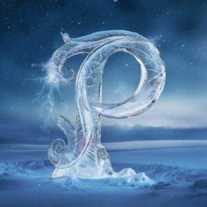 Magical winter-themed Name DP of "P" in icy crystal letters with snow gently falling in a serene snowy landscape