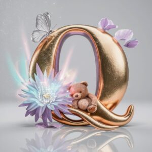 Dreamy gold "Q" with lavender accents and playful teddy bear holding a silver butterfly.