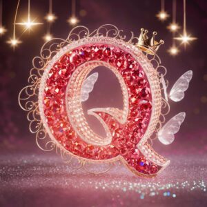 Sparkling "Q" in crystals, with starry glow, filigree patterns, and a small crown, soft wings in the background.