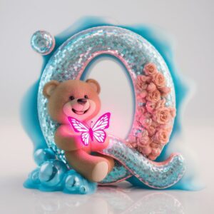 Playful pastel-blue "Q" with a glowing teddy bear and butterfly on a minimal white background.