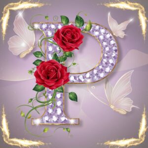 Sparkling "P" with roses and vines, illuminated by soft lavender and gold, glowing with butterfly wings.