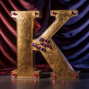 A luxurious letter "K" sculpted from rich gold with ruby, sapphire, and emerald accents, ideal as a name DP.