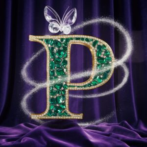 Gold and emeralds shimmer in this luxurious 'P' logo, featuring a butterfly and silver accents