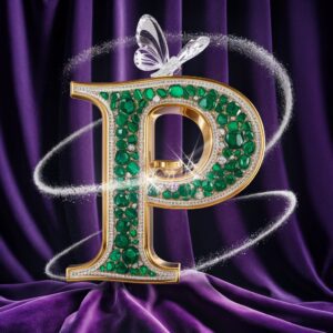 Golden letters encrusted with emeralds and diamonds, with a glass butterfly, shine on a purple backdrop