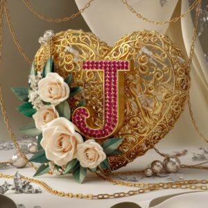 Regal heart design featuring a ruby 'J' and ivory roses, with delicate gold filigree and muted background