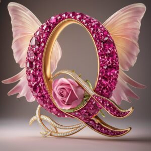 Crystal "Q" with a rose and wings, radiating a royal and romantic ambiance in luxurious colors.