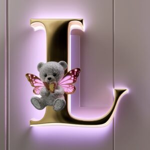 Gold "L" logo with a sparkling teddy bear and butterfly, enhanced by a gentle neon lavender light.