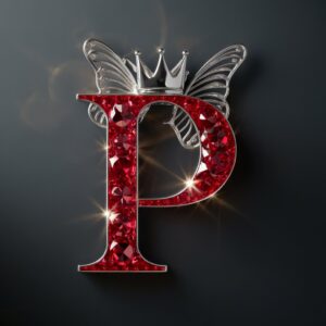 Ruby red "P" with silver crown and wings, a bold and stylish name DP.