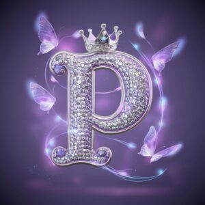 Iridescent silver "P" adorned with wings and a crown, making a magical and unique name DP.