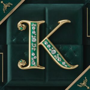 Opulent K name DP featuring royal green and gold accents with intricate gemstone designs."