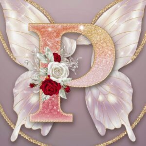 Crystal "P" adorned with roses and butterfly wings, softly glowing in a romantic blush-pink gradient.