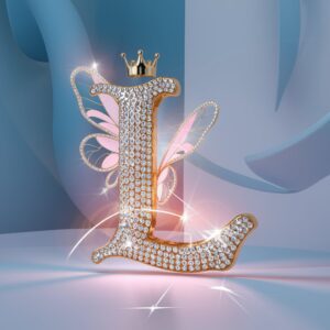 Diamond-studded 'L' name dp with pink butterfly wings and a gold crown for a luxurious look."