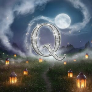 Elegant Q name DP in glowing silver, surrounded by fireflies in a peaceful meadow at night."